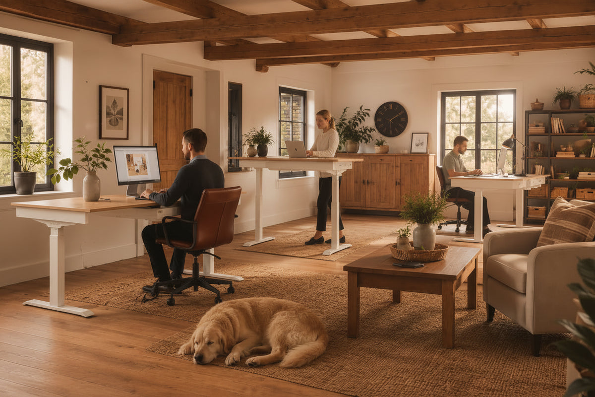 A home office scene with three people using white standing desks in a bright room with wood floors, exposed wooden ceiling beams, and a large golden retriever sleeping on a rug in the foreground.